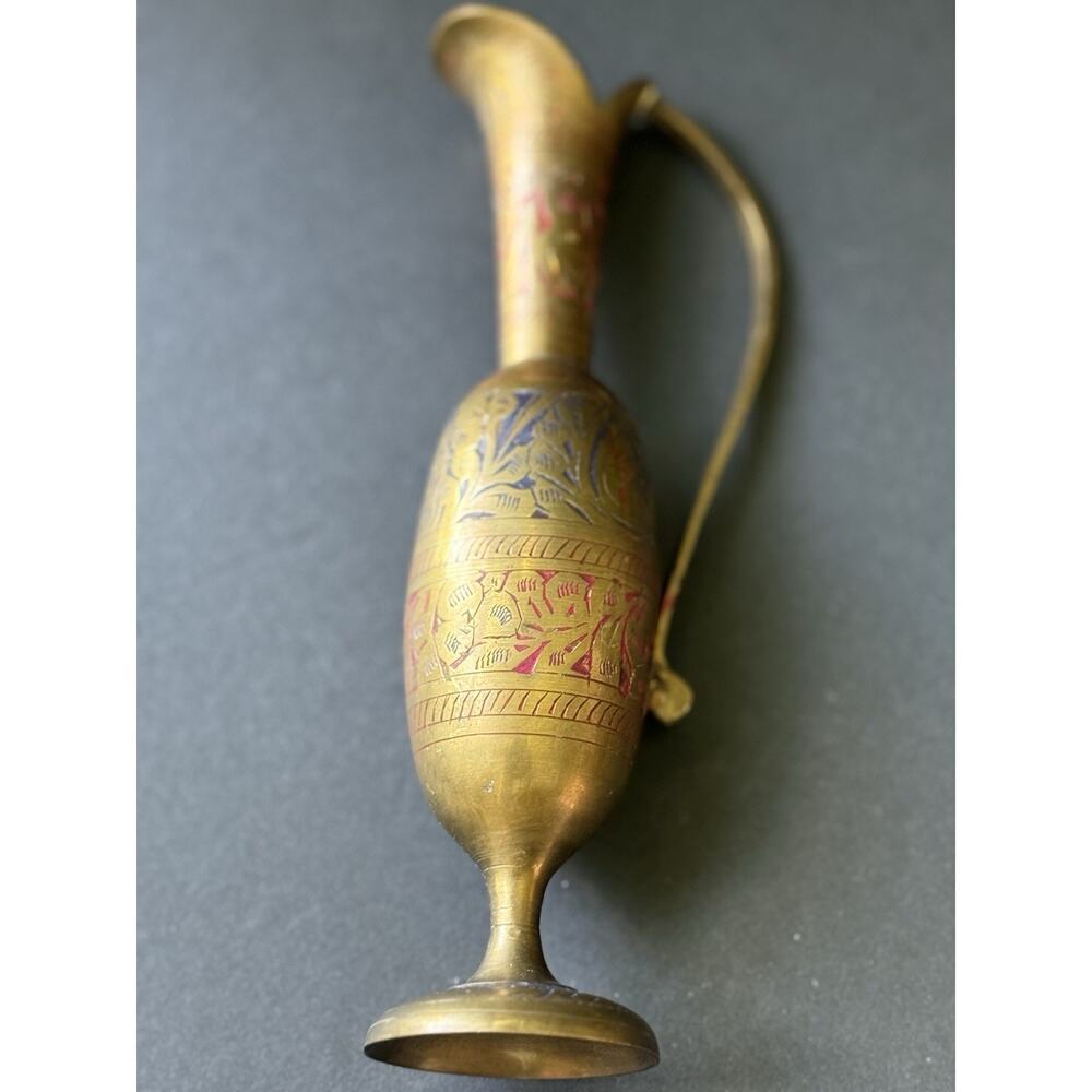 Vintage Etched Brass Pitcher Vase Vessel Engraved Handle Floral Boho Handcrafted - Picture 6 of 7